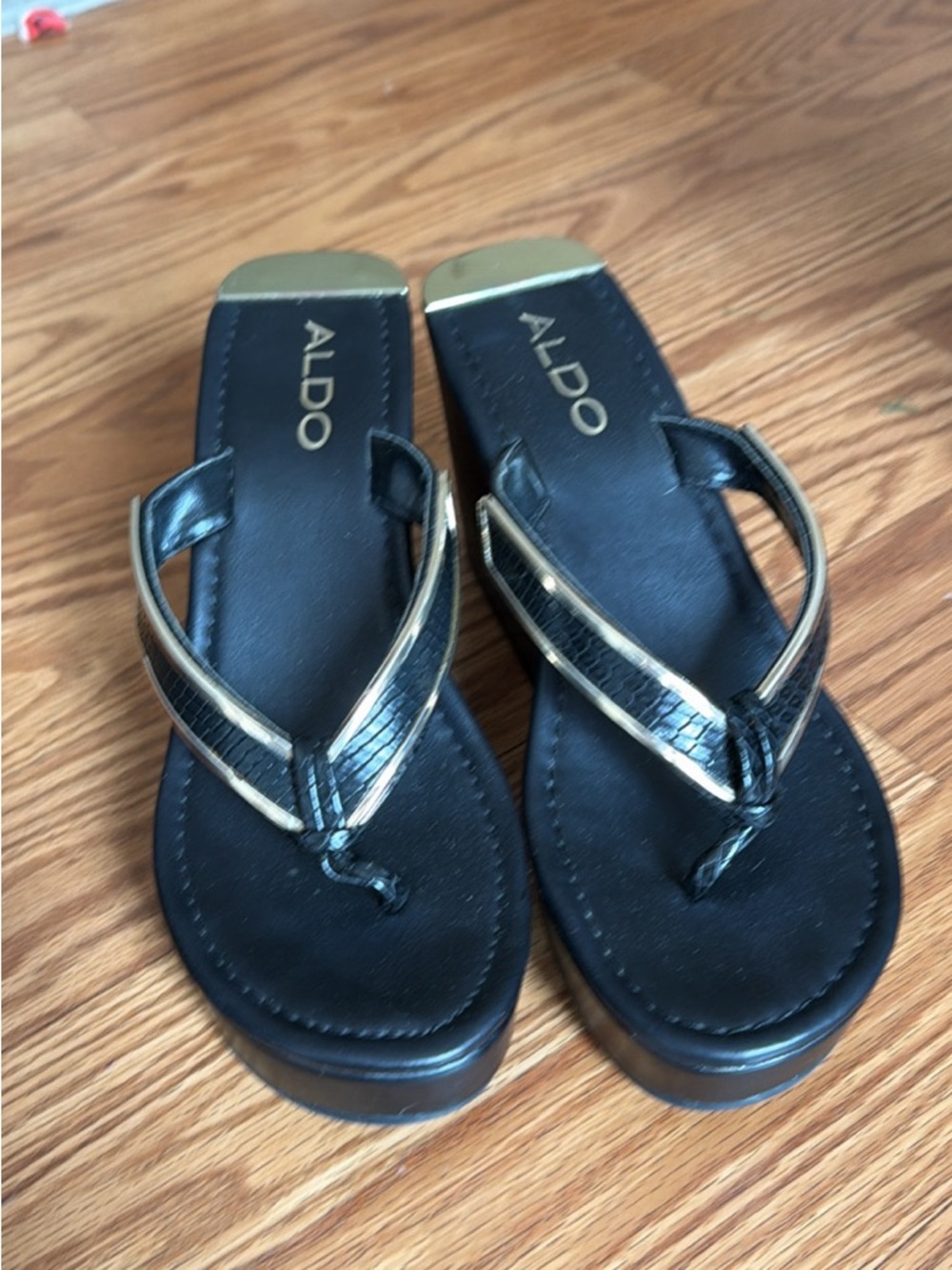 ALDO Black Thong Platform Sandals with Gold Accents